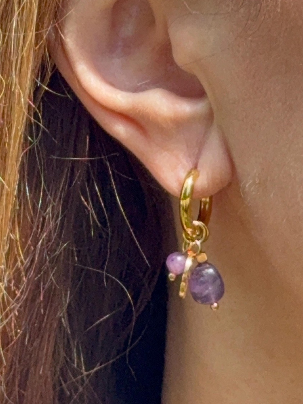 Gold Hoop Earrings with Purple Amethyst Bead Charms